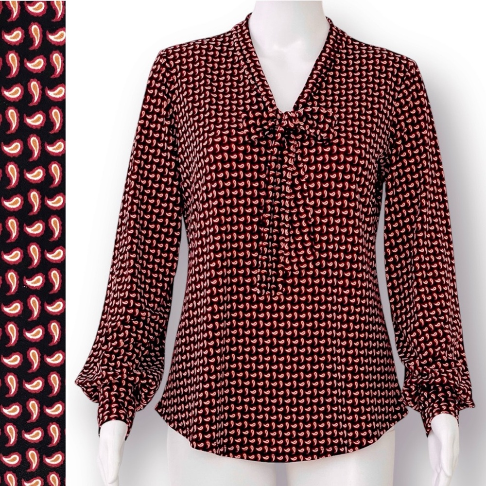Adrianna Papell Tie Neck Blouse Crepe Paisley Print Long Sleeve Stretch Pullover